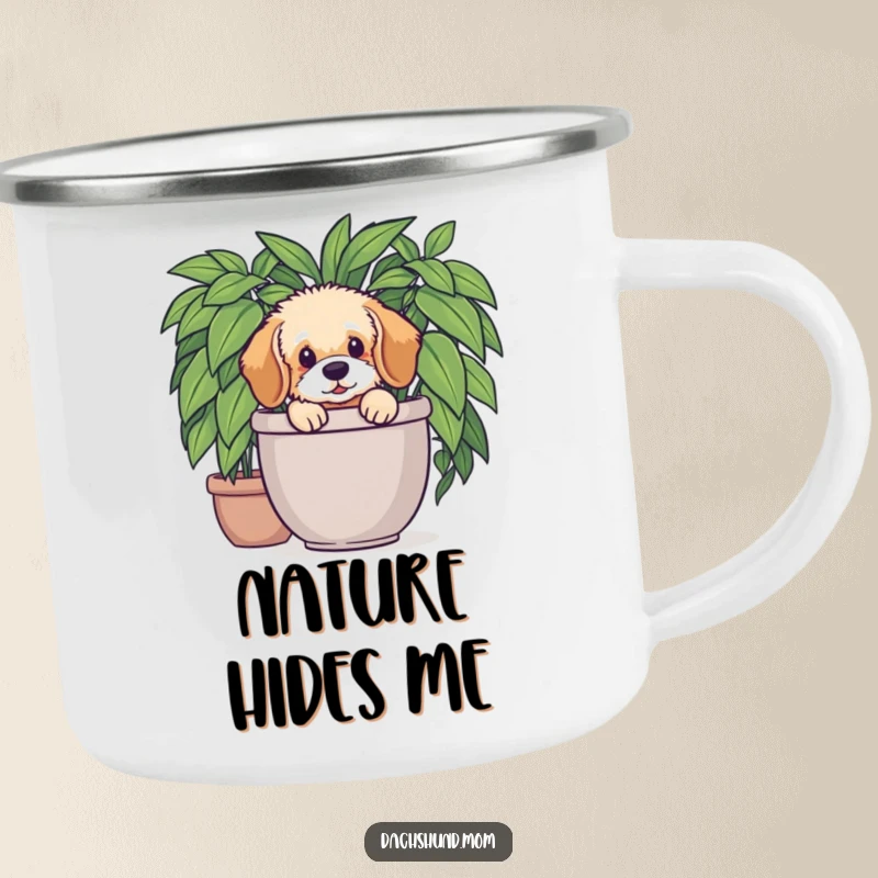 Funny Dachshund Plant Camp Mug: Fluffy Dachshund pup peeking from a plant. Durable and humorous enamel mug.