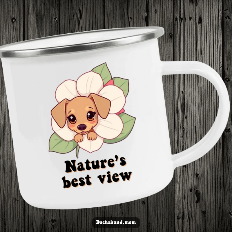 Funny Kawaii dachshund camping mug featuring a small dog peeking from behind a flower, ready for outdoor enjoyment.