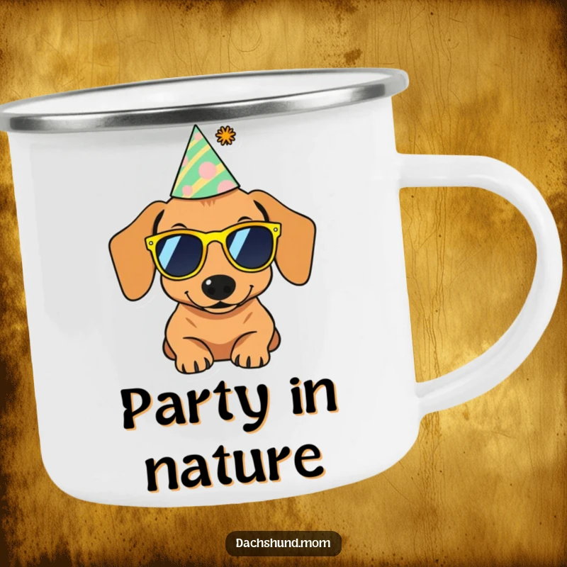 Funny enamel camping mug showing a dachshund wearing tiny sunglasses and a party hat, ideal for celebratory outdoor adventures.