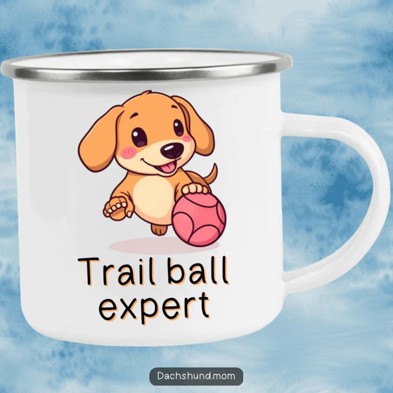 Funny Kawaii Dachshund Camping Mug with rosy cheeks, enthusiastically chasing a bouncing ball on an outdoor trip.
