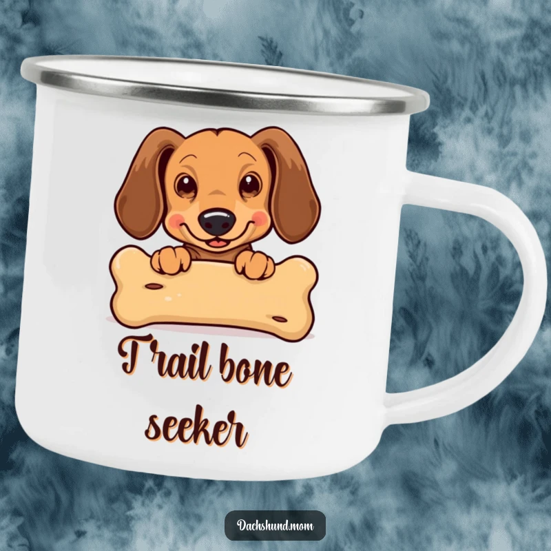 Funny Kawaii Dachshund Camping Mug: a cute dachshund with flapping ears peeking over a large bone, perfect for outdoor enthusiasts.