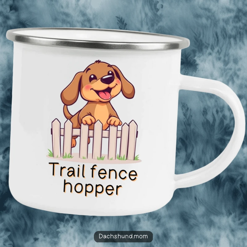 Funny Kawaii Dachshund Camping Mug showing a joyful dog leaping over a miniature fence on an outdoor trip.