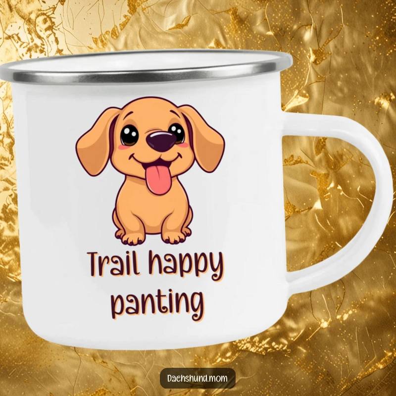 Funny kawaii dachshund with tongue out, panting happily after a game, on a durable enamel camping mug.