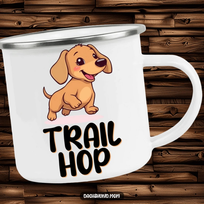Funny Dachshund Camping Mug: A durable mug featuring a wiener dog doing a comical hop, ready for outdoor fun.