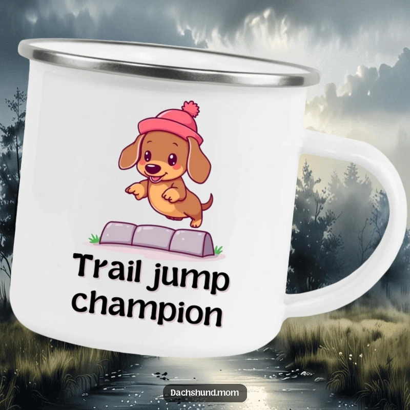 Funny kawaii dachshund in a silly hat, jumping over an obstacle on a rugged camping mug, perfect for outdoor fun.