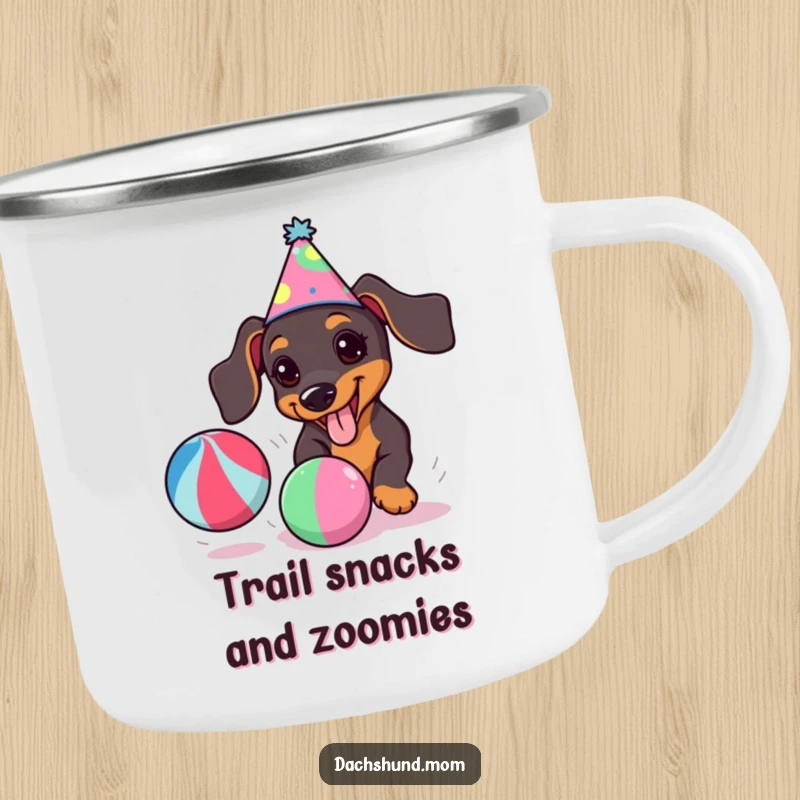 Funny kawaii dachshund in a party hat, joyfully chasing a colorful ball, on a rustic camping mug.