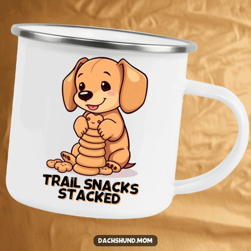 Funny Dachshund Biscuits Camp Mug: Dachshund cub balancing biscuits. Durable and humorous enamel mug.