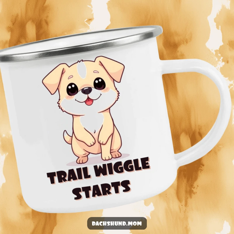 Funny camping mug with a tiny, long dog with big eyes wiggling its body enthusiastically, ideal for outdoor enjoyment.