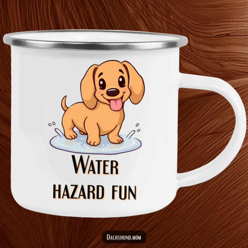 Funny camping mug with a kawaii dachshund happily splashing in a puddle with its tongue out, perfect for outdoor drinks.
