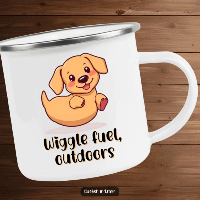 Funny kawaii dachshund camping mug, wiggling its rear end with a happy wiggle, durable and fun for outdoor adventures, a great gift.