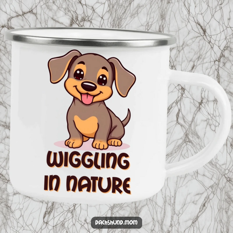 Funny Kawaii Dachshund Camping Mug: Adorable wiggling dog with wagging tail, cute outdoor drinkware, happy camper.