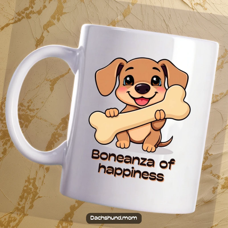 Funny Kawaii Dachshund Mug featuring a cute, smiling dachshund proudly holding an oversized, smiling bone, radiating funny joy.