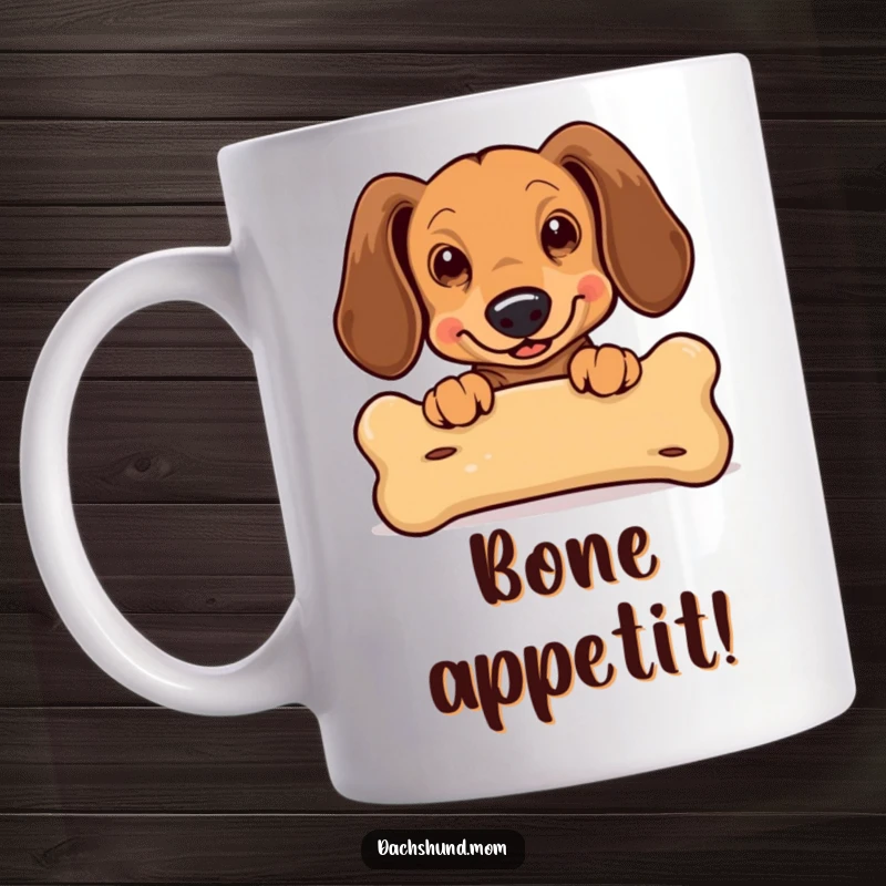 Funny Kawaii Dachshund Mug: a cute dachshund peeking over a big bone, ears flapping with excitement, a joyful cartoon.