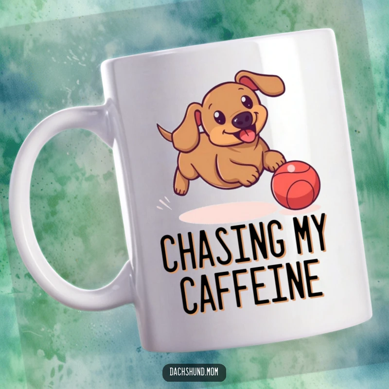 Funny mug shows a dachshund energetically chasing a red bouncing ball, capturing the excitement of playtime.
