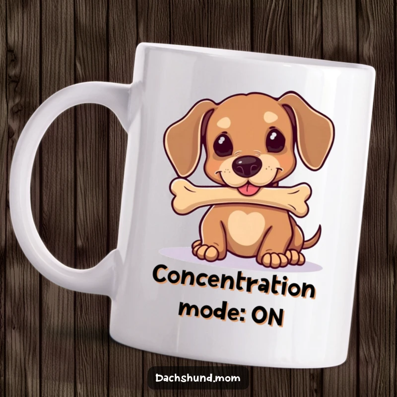 Funny Kawaii Dachshund Mug: A cute dog concentrates intensely, attempting to balance a dog bone perfectly on its nose.