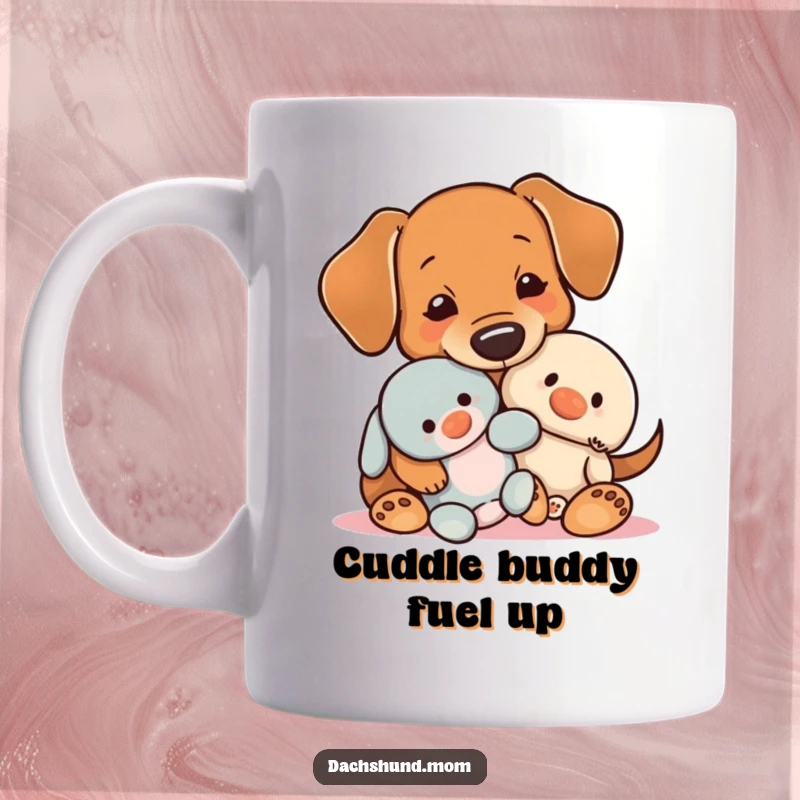 Funny Kawaii Dachshund Mug, a sweet dog snuggling a small plush toy, conveying warmth and happiness.