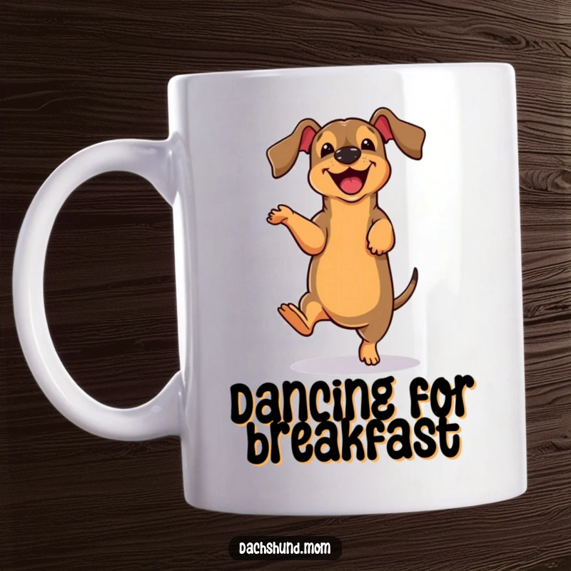 Funny cute dachshund character performing a joyful, clumsy dance move, depicted on a mug, showcasing canine humor.