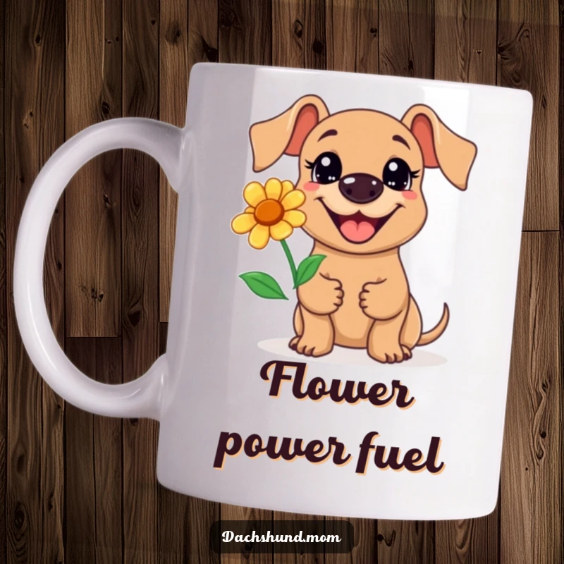 Funny Kawaii Dachshund Flower Mug: A cute dachshund with a big grin holds a flower, spreading happiness, perfect gift.
