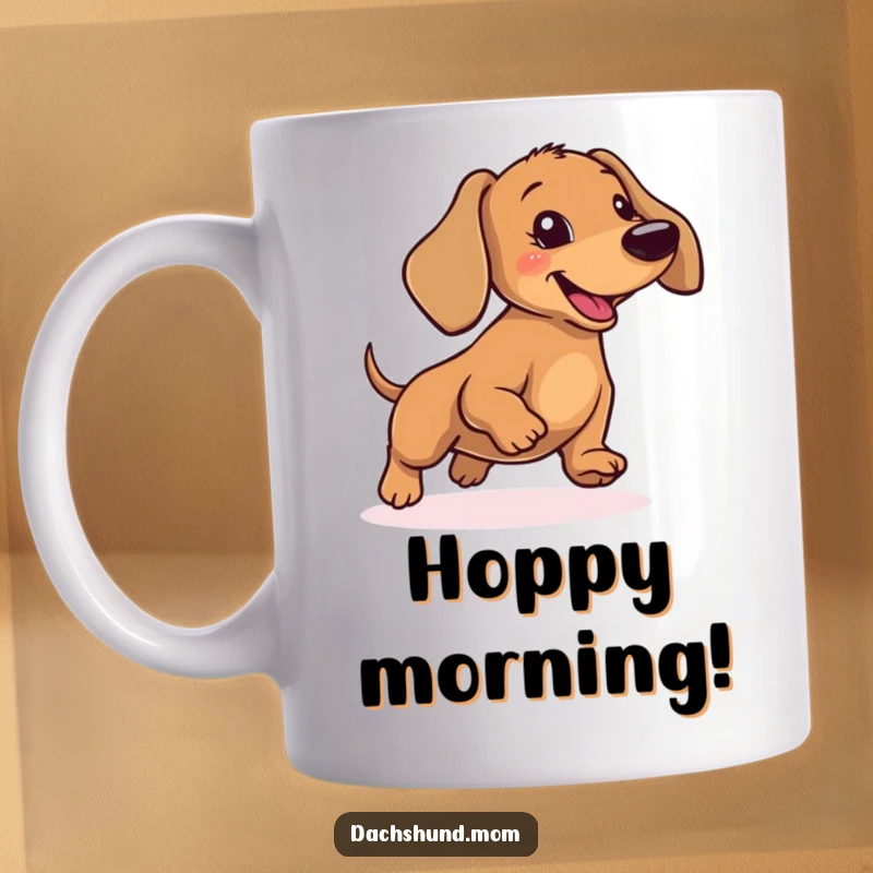 Funny Dachshund Mug: A wiener dog captured mid-air, performing a silly, joyful little hop with excitement.