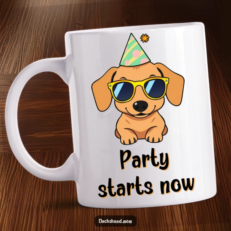 Funny mug shows a dachshund wearing tiny sunglasses and a colorful party hat, looking ready for a celebration.