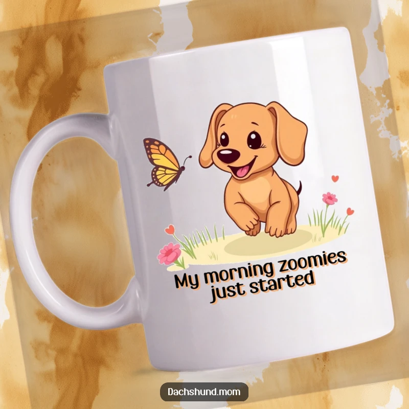 Funny Dachshund puppy mug with a smiling face, joyfully chasing a fluttering butterfly in a sunny meadow.