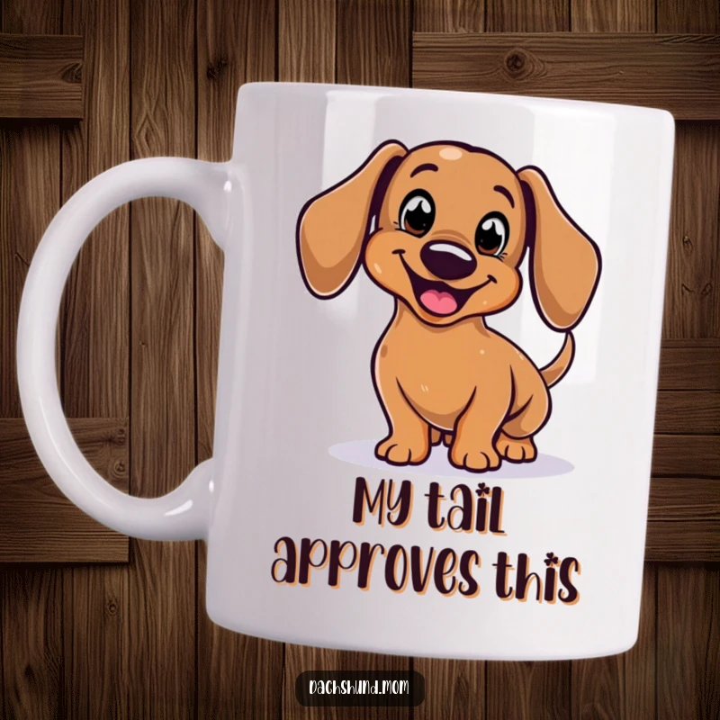 Funny Dachshund Mug featuring a stylized, smiling body enthusiastically wagging its tail, bringing pure joy and humor.