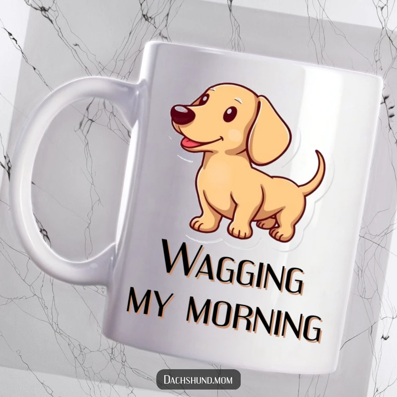 Funny mug shows a happy dachshunds tail wagging energetically, conveying pure joy and excitement.