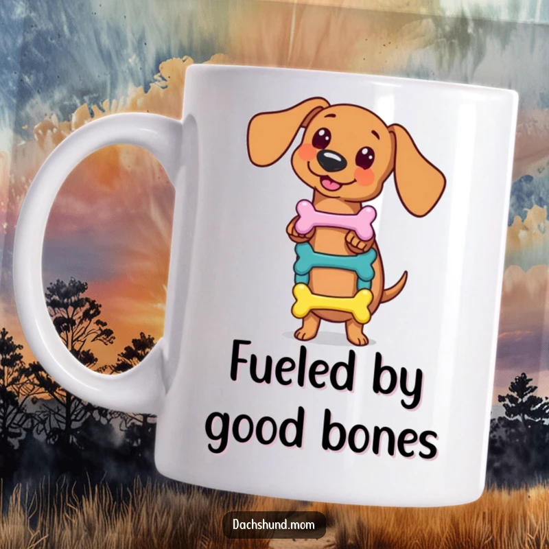 Funny kawaii dachshund mug, skillfully balancing a small stack of colorful bones, showcasing talent and humor, a perfect gift for dog lovers.