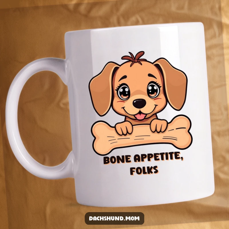Funny Kawaii Dachshund Mug with big, sparkling eyes adorably peeking from behind a comically large bone.
