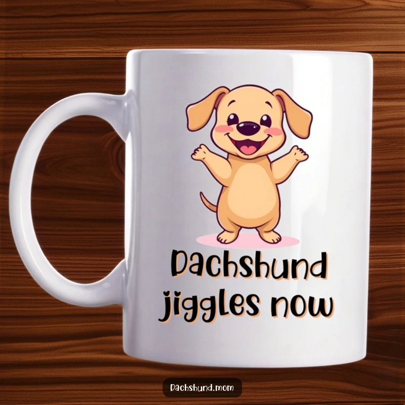 Funny Kawaii Dachshund Dance Mug: A cute dachshund does a happy little dance, spreading joy, perfect gift.