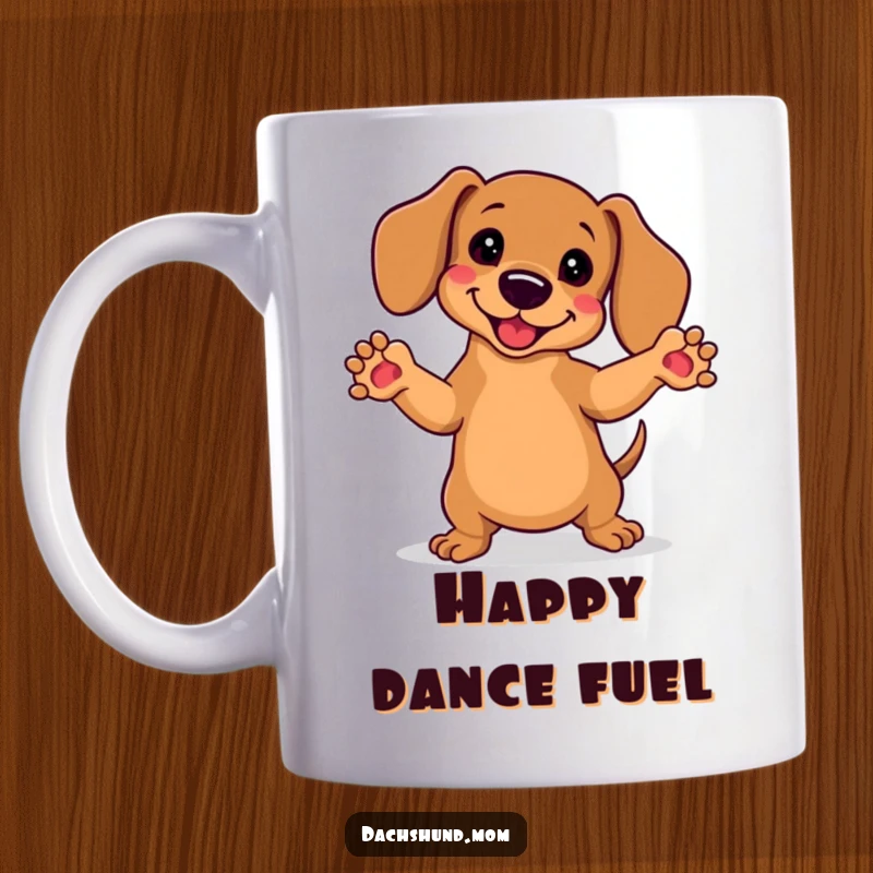 Funny Kawaii Dachshund Mug: A cute dachshund with paws in the air, doing a joyful, silly dance, radiating pure happiness.