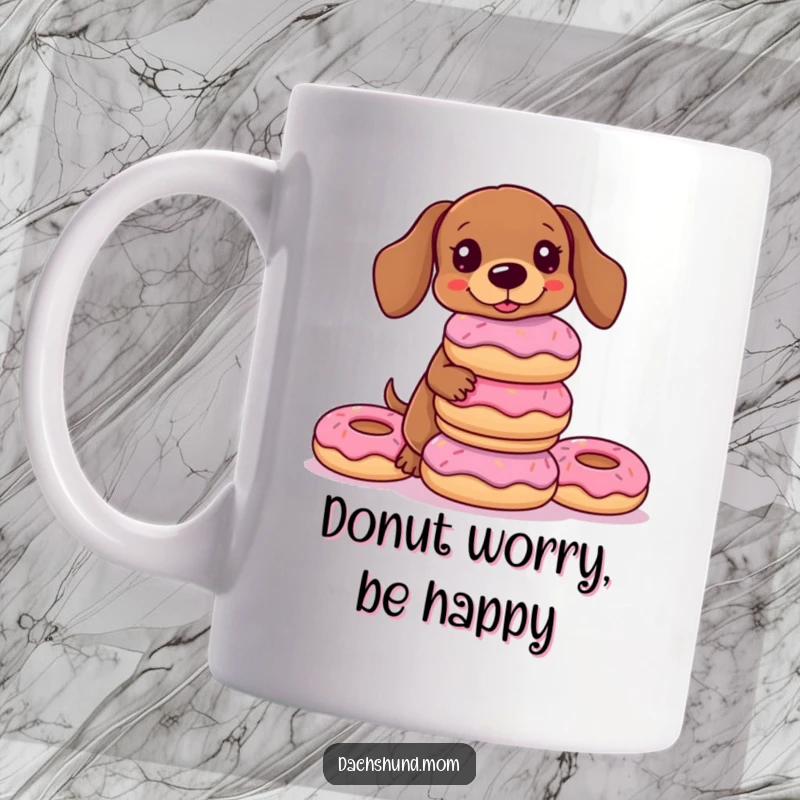Funny Kawaii Dachshund Mug showing a cute dog struggling to balance a tall stack of colorful donuts, a hilarious gift.