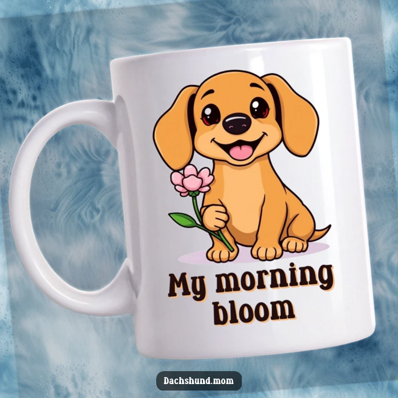 Funny Kawaii Dachshund Mug with a friendly smile offering a delicate flower, spreading happiness and warmth. A cute gift idea.
