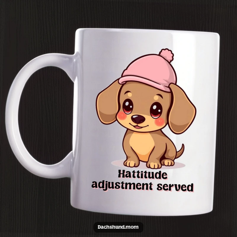 Funny Kawaii Dachshund Mug, a cute dog balancing a small hat, looking stylish and charmingly funny.