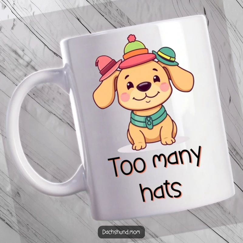 Funny Kawaii Dachshund Mug showcasing a cute pup with rosy cheeks balancing a colorful stack of tiny hats.