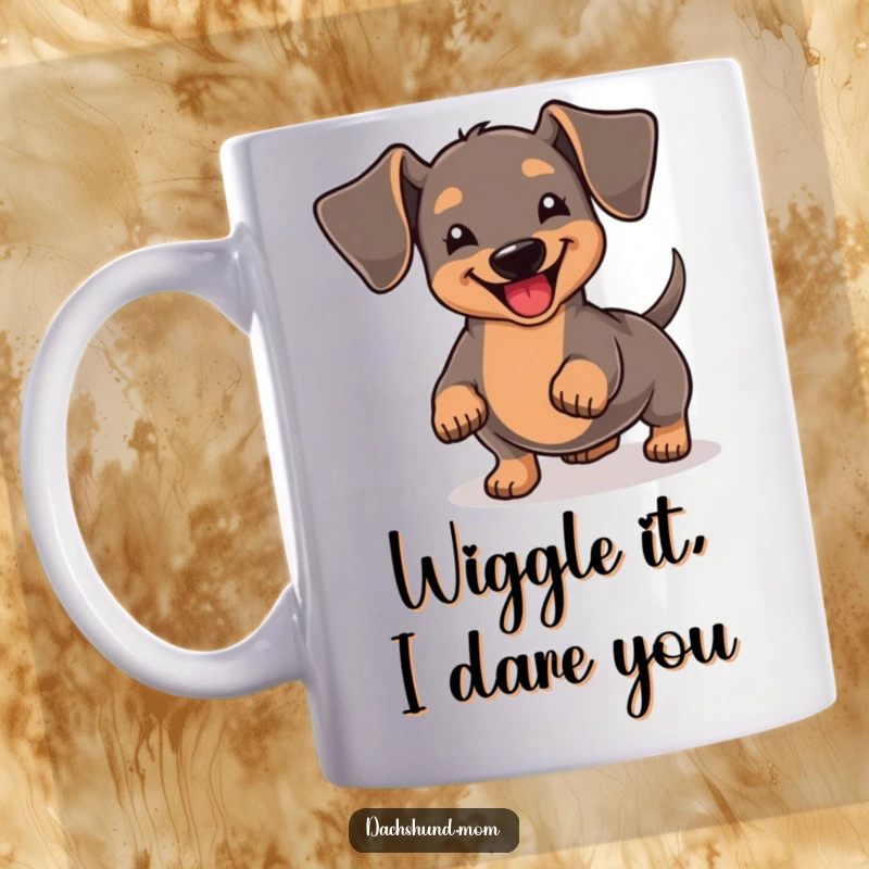 Funny Kawaii Dachshund Mug: A joyful dachshund wiggles its stubby tail with immense happiness, radiating pure delight and infectious cheer.