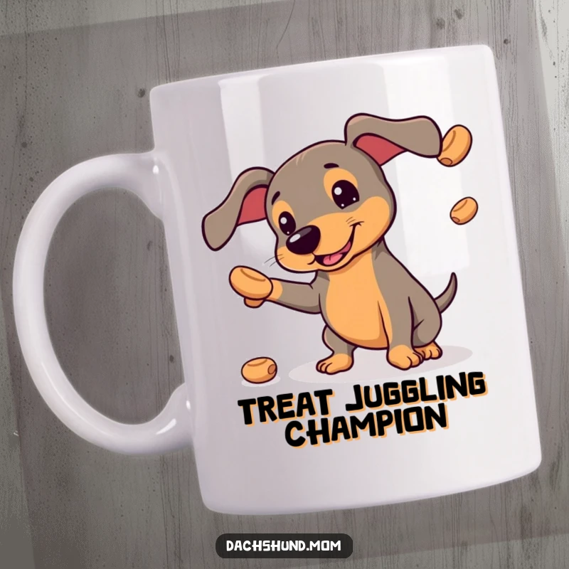 Funny kawaii dachshund mug, showing a small dog hilariously attempting to juggle round treats, playful and humorous.