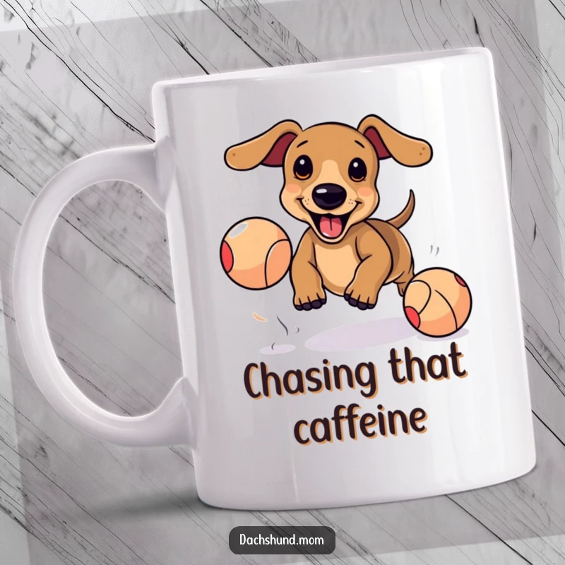 Funny Kawaii Dachshund Mug: Adorable dog excitedly chasing bouncing ball, playful energy, cute pet owner gift.