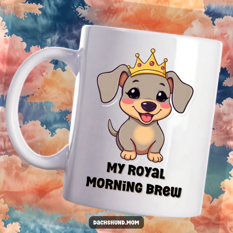 Funny kawaii dachshund wearing a crown and wagging its tail excitedly on a mug.