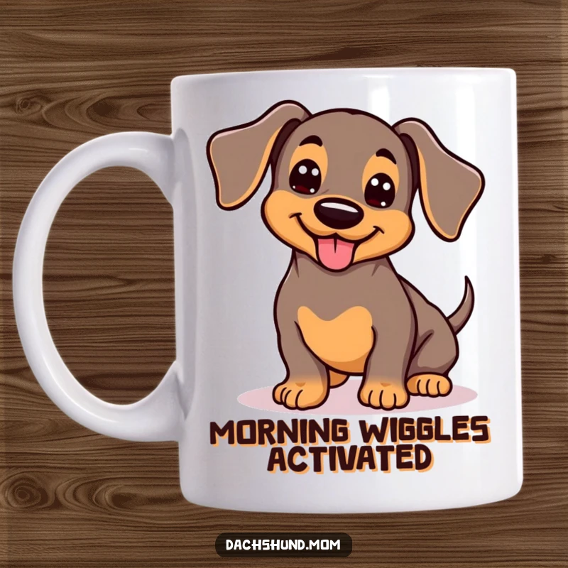 Funny Kawaii Dachshund Mug: Adorable wiggling dog with wagging tail, pure joy, cute pet owner gift.