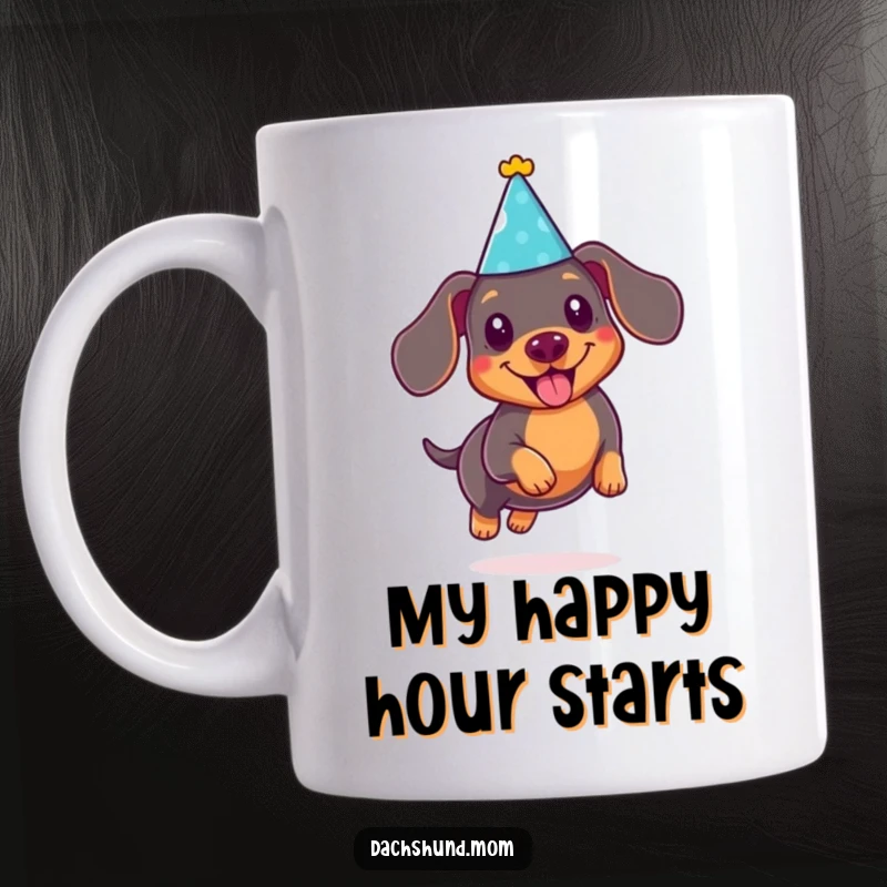 Funny Kawaii Dachshund Mug: Cute doxie in a party hat, joyfully leaping, a celebration of fun and humor.