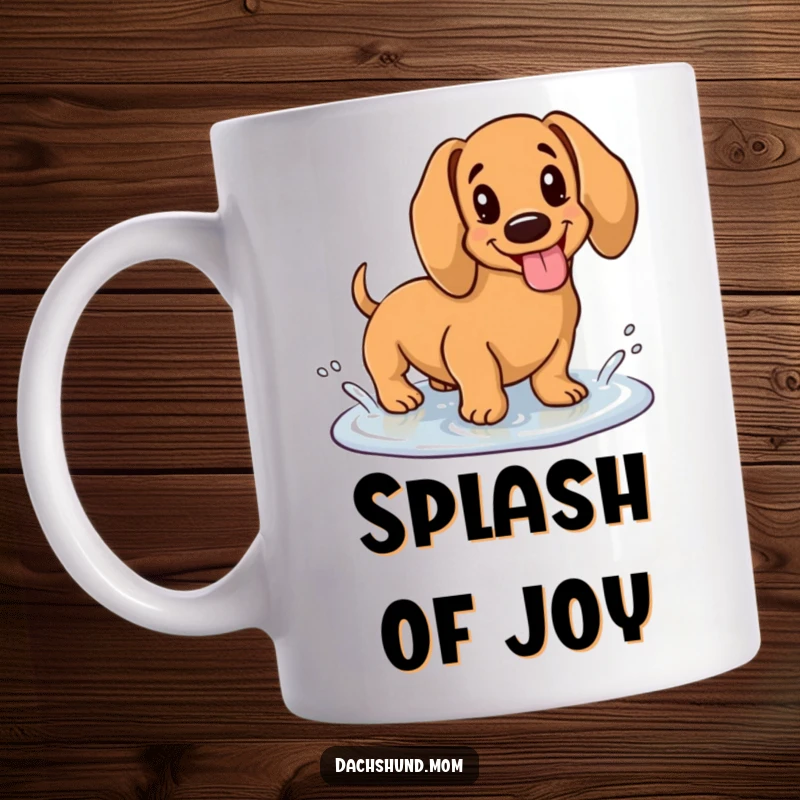 Funny mug with a kawaii dachshund sticking its tongue out, happily splashing in a tiny puddle, radiating pure, unadulterated joy.