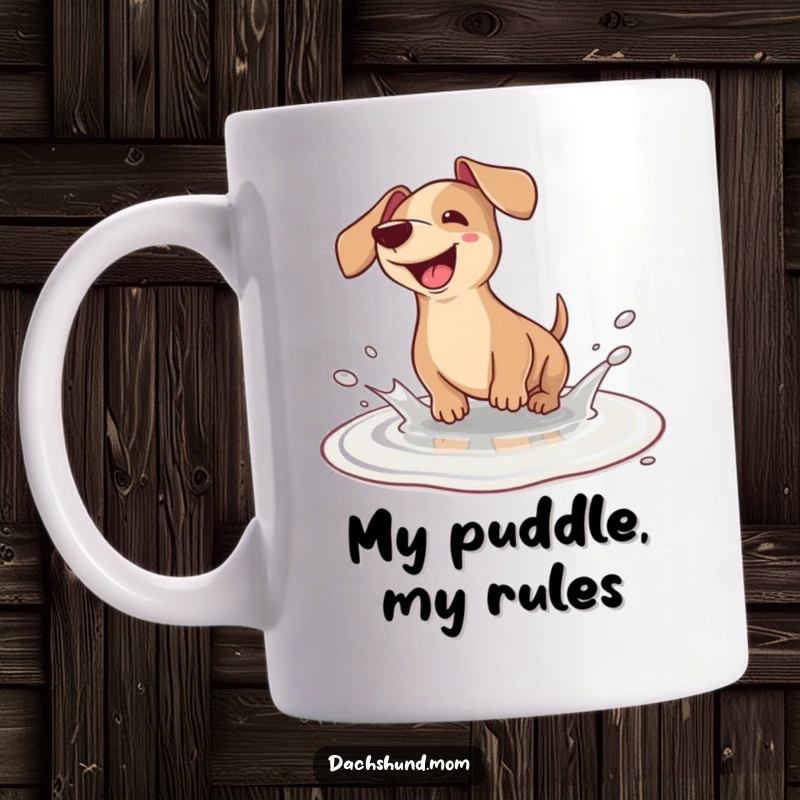 Funny Dachshund Mug: A cute kawaii dachshund joyfully splashing in a tiny puddle, radiating pure happiness and playful energy.