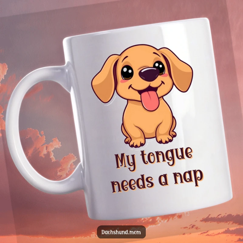 Funny kawaii dachshund with tongue out, panting happily after a game, on a cute mug, perfect for dog lovers.