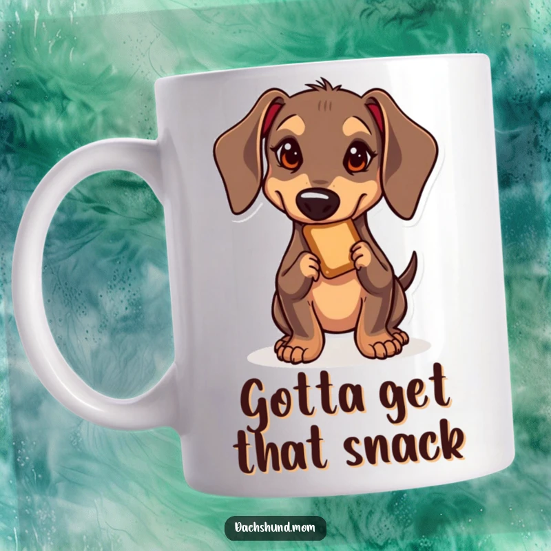 Funny Kawaii Dachshund Mug: A cute dachshund with a determined face, tiptoeing to grab a treat, radiating playful mischief.