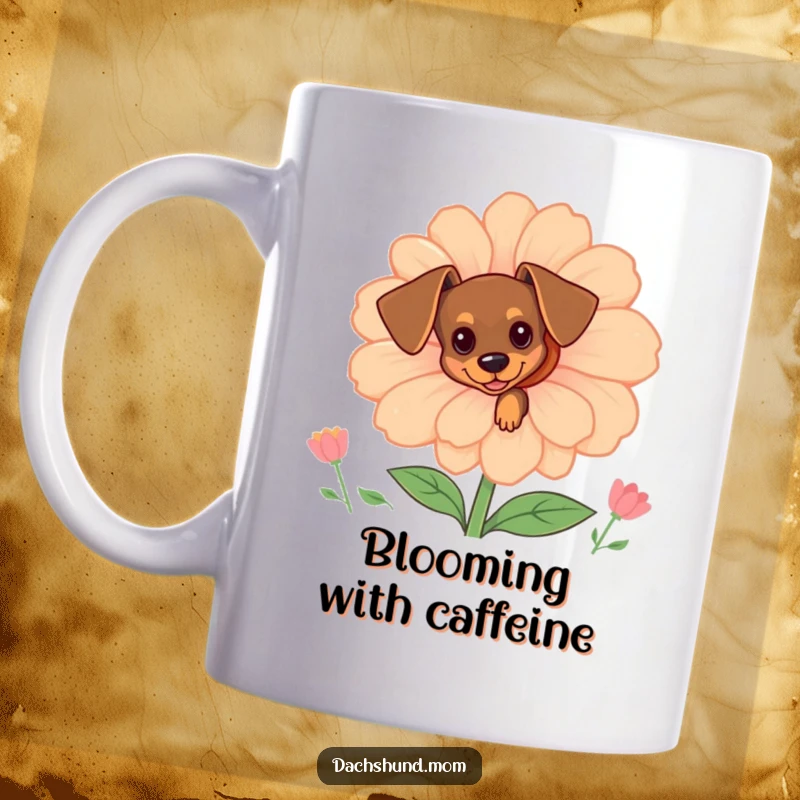 Funny tiny dachshund peeking from behind a large, cheerful flower, depicted on a mug, a cute and humorous scene.