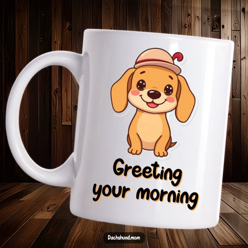 Funny kawaii dachshund mug, tipping a tiny hat with a wide, cheerful grin, a polite and humorous design, perfect for gifting.