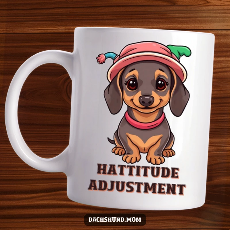 Funny Dachshund Mug: A cheerful wiener dog adorably wearing a stack of clashing, colorful hats with a happy expression.