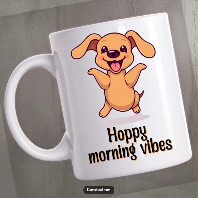 Funny kawaii dachshund mug, doing a joyful hop with its long body stretched out, conveying pure happiness, a humorous gift for dog lovers.