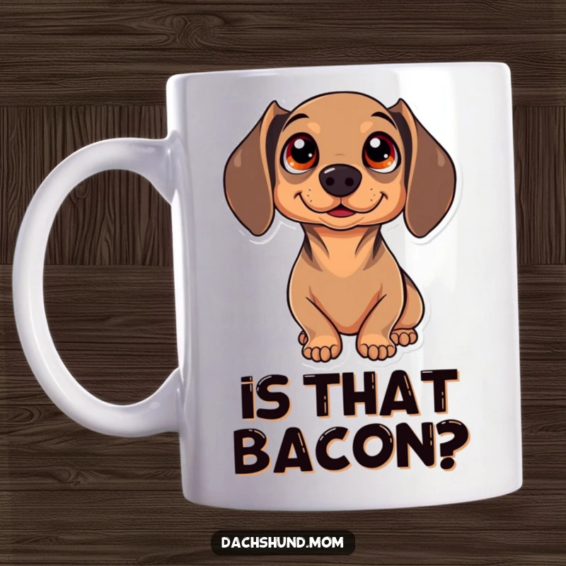 Funny Kawaii Dachshund Mug with big sparkling eyes looking up in pure wonder, a delightful gift for any dog enthusiast.